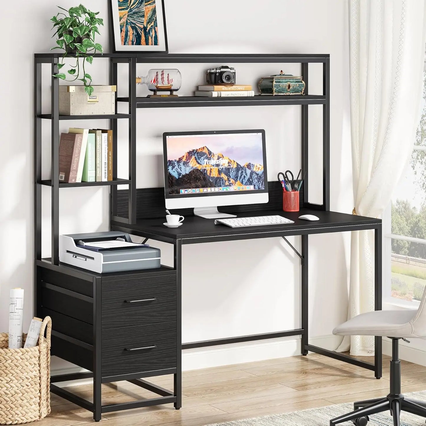 55 Inch Computer Desk with 2 Drawers and Storage Shelves, Modern Study Writing Gaming Table Laptop Workstation for Home Office