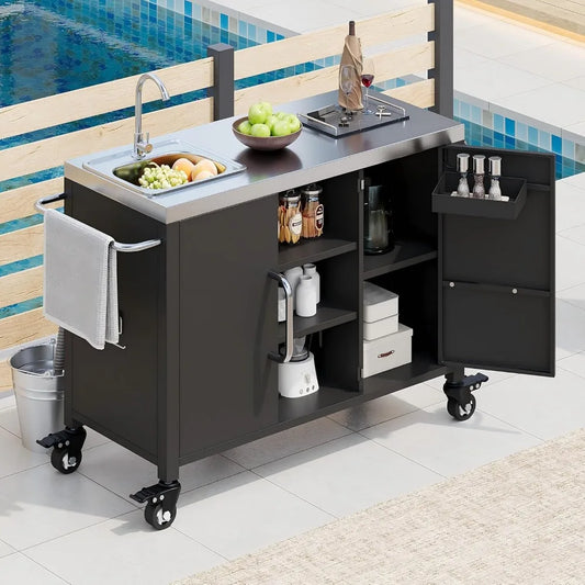Kitchen Island with Sink, Metal Grill Cart Table with 304 Stainless Steel Sink, 55.5 Inch Outdoor Bar Cart Station with 4 Lockab
