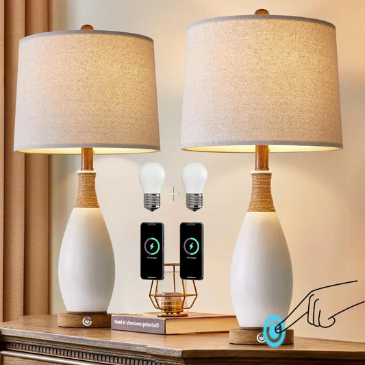 OYEARS 24.5” 3-Way Dimmable Touch Control Bedside Table Lamp Set of 2 with USB and Type-C Charging Ports Modern Farmhouse Nights