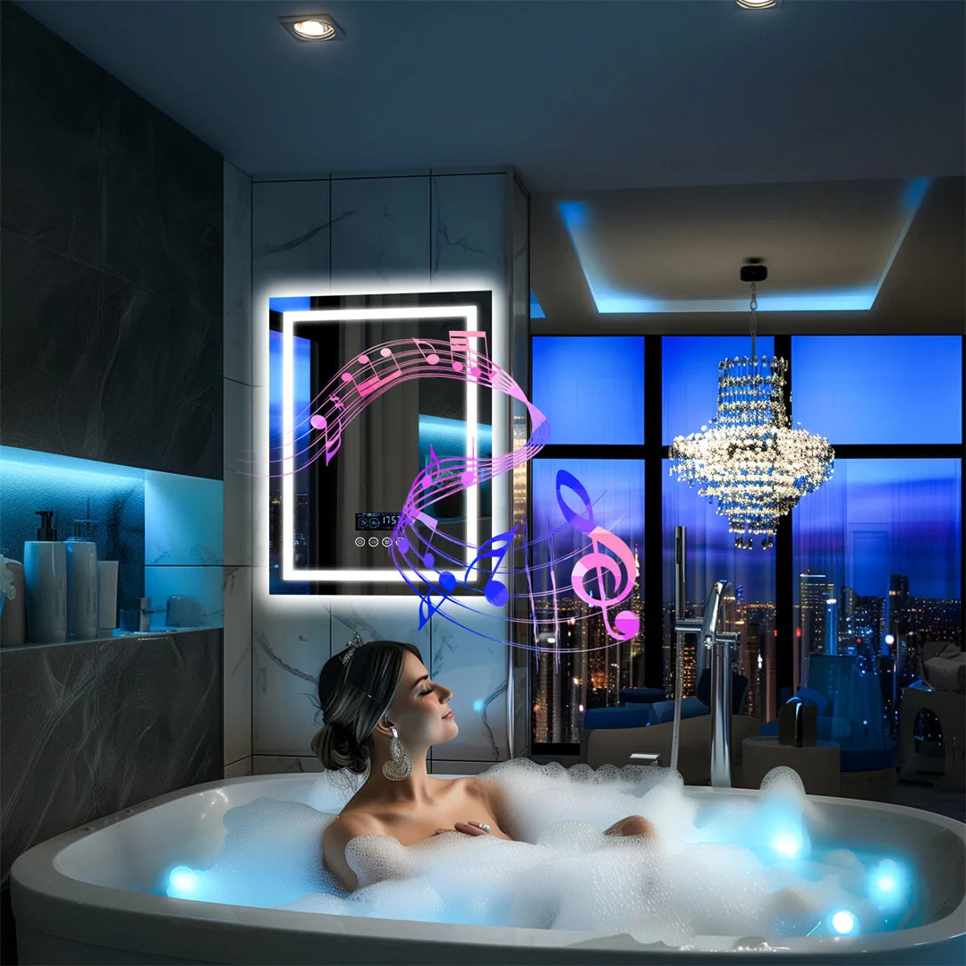 LUVODI Large Illuminated Bluetooth Bathroom Mirror Rectangle Anti-fog LED Bathroom Vanity Mirror with Bluetooth Speaker 3 Color