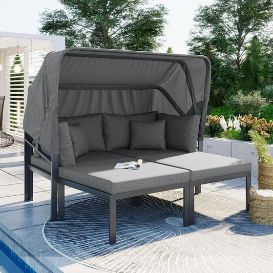 Outdoor Patio Daybed Sunbed Lounger with Retractable Canopy AllWeather 3Piece Sectional Sofa Set with Washable Cushions for Back