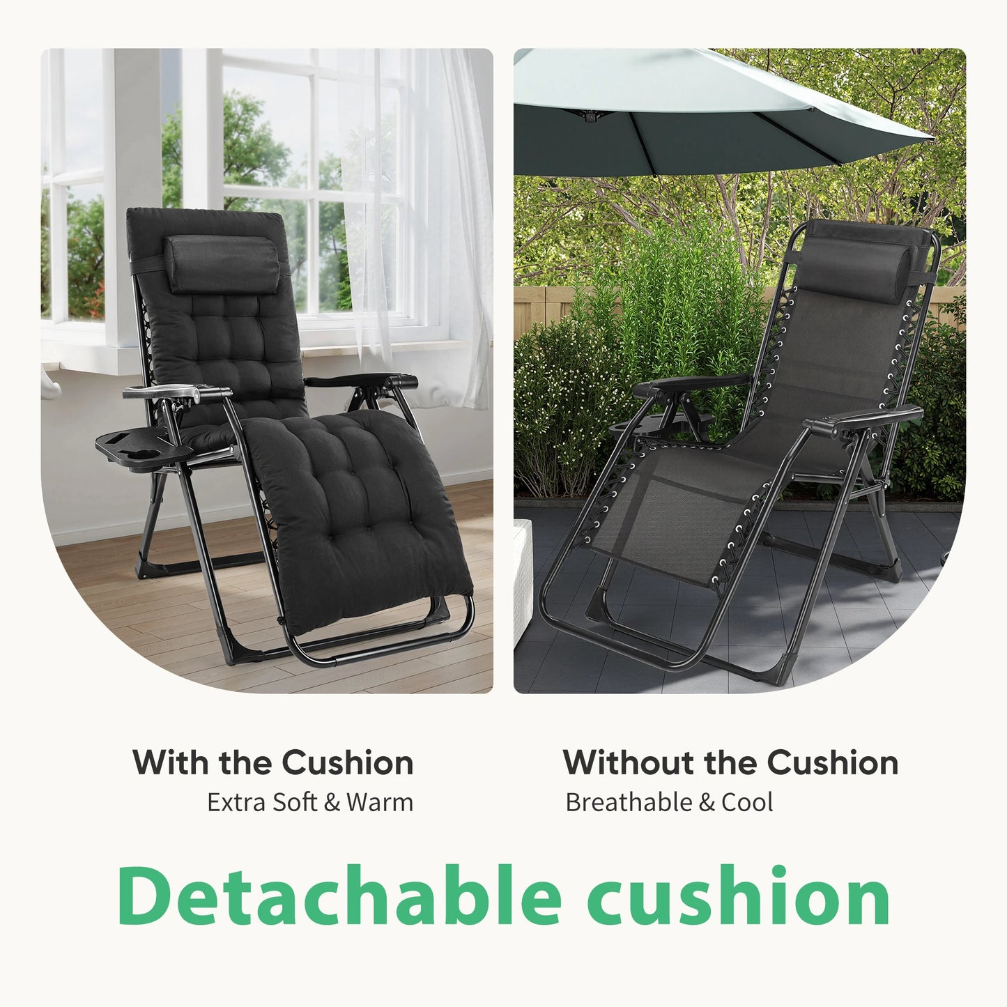 JHK Zero Gravity Recliner Camping Patio Lounge Chair Folding Portable with Cup Holder Trays Removable Cushion For Outdoor Garden