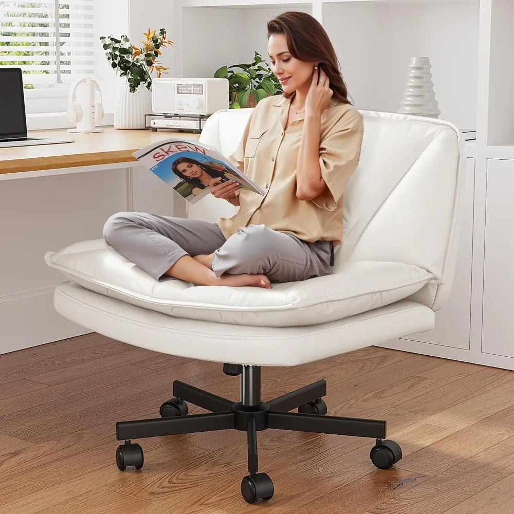 Armless 27" Wide Criss Cross Chair with Wheels,Leather Cross Legged Vanity Chairs with 2-Layer Cushion,Swivel Modern Home Office