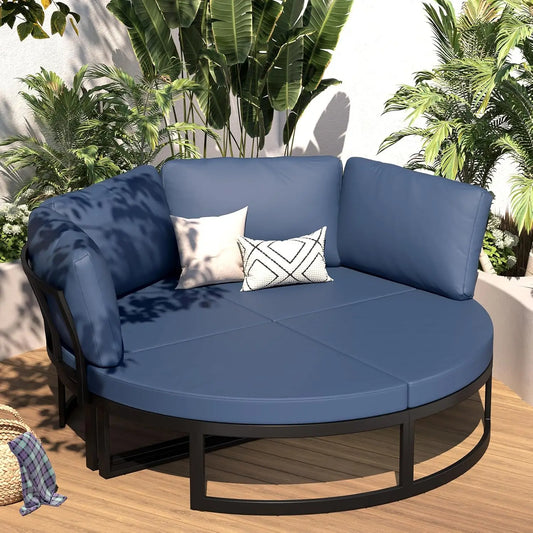 Metal Patio Furniture Set 74" Wide Outdoor Daybed with Extra Large 4 Pieces Seating Separates Cushioned Seats Sectional Round Da