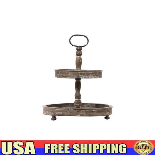 Distressed Brown Wood 2-Tier Tray with Metal Handle Kitchen Centerpiece Storage Display Spice Organizer Home Decor