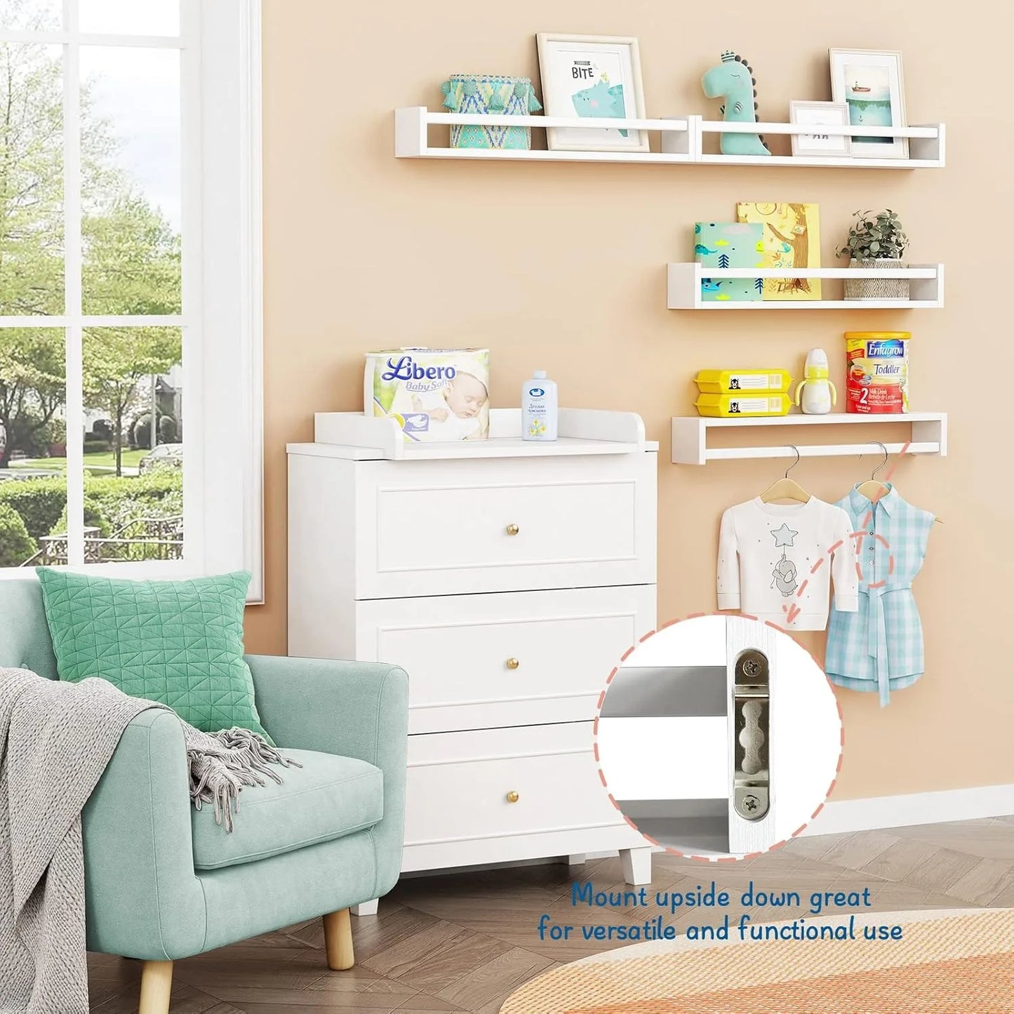 24 Inch Wall Bookshelf for Kids Bedroom Set of 4, White Floating Nursery Book Shelves for Baby Toddler Children Girls Boys Room