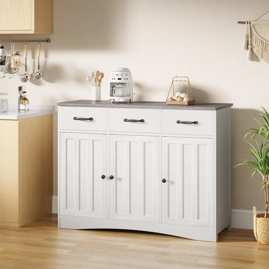 42" Kitchen Storage Cabinet, Wood Buffet Sideboard with 3 Doors & 3 Drawers, Gray Countertop