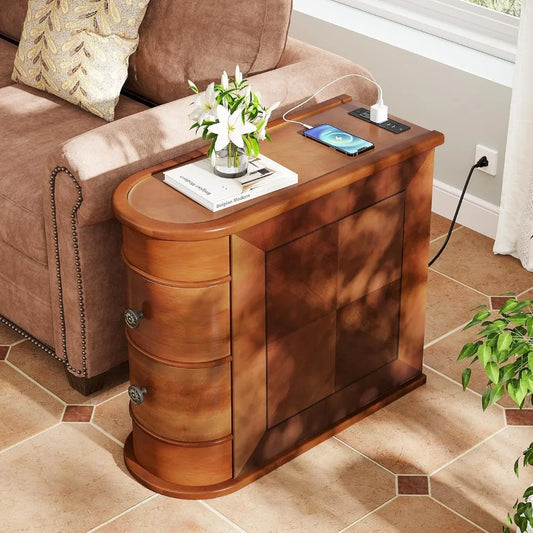 Wood End Table, 2-Drawer Narrow Side Table with Charging Station, No Assembly Required, Finished Back