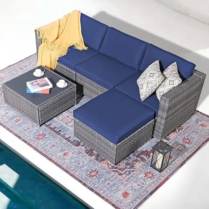 5 Piece Outdoor Patio Furniture Set, Sectional Conversation All-Weather Cushions, Backyard Porch Garden Poolside Balcony Set