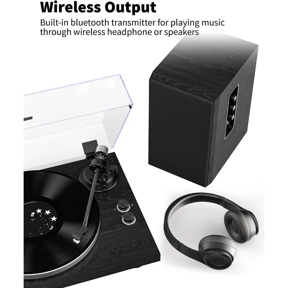 Bluetooth Vinyl Turntable Built-in Preamp Phono/Line Switch Adj Counterweight Anti-Skate Var Pitch Ctrl Mag Cartridge 2-Spd