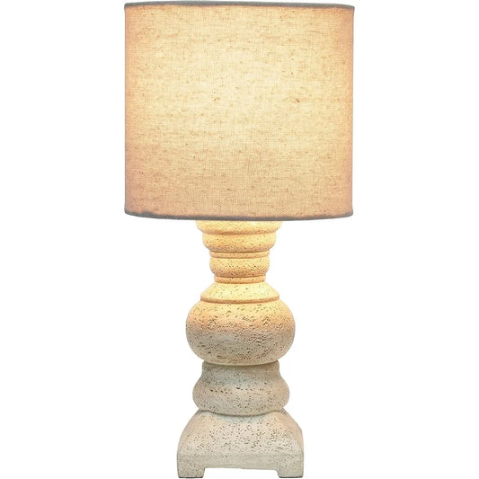Rustic Farmhouse Mini Table Desk Lamp with Drum Fabric Shade Distressed Resin Base Accessible Switch Home Office