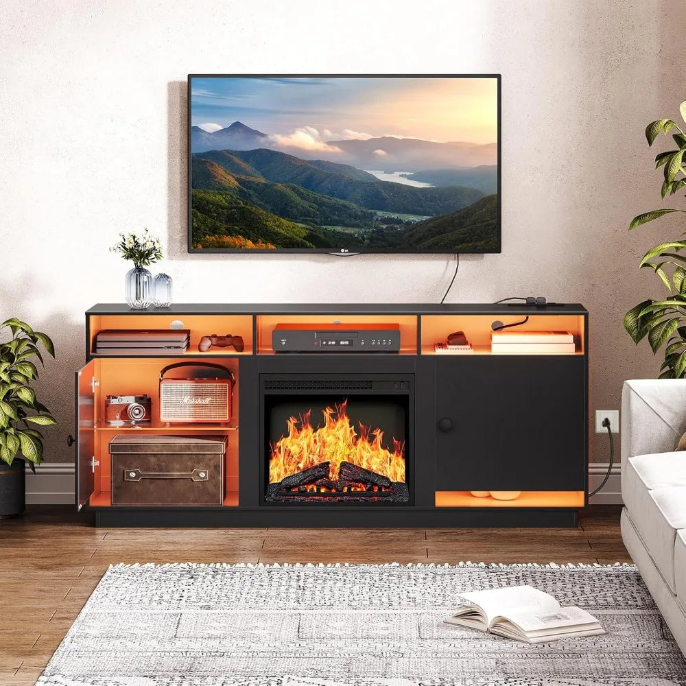 Electric Fireplace TV Stand with Charging Station and LED Lights, Black TV Stand with Fireplace for 32" 43" 50" 55" 65", Entert