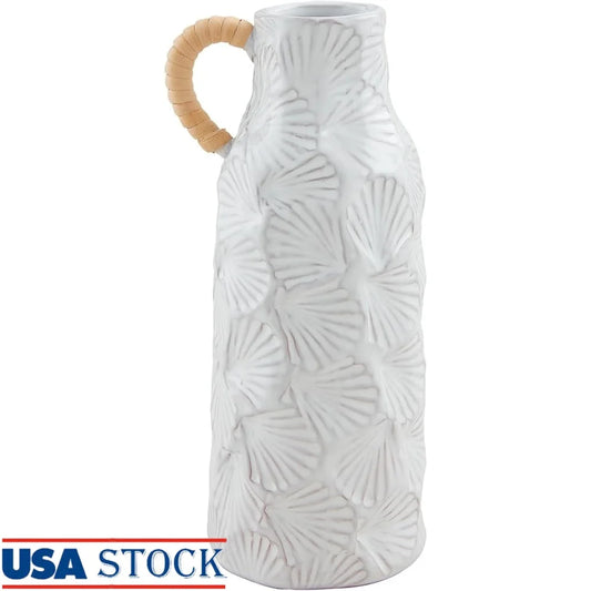 Large Sea Textured Bud Vase Terracotta Pitcher Rattan Handle Rustic Coastal Decor Centerpiece Floral Arrangement Earthenware 9