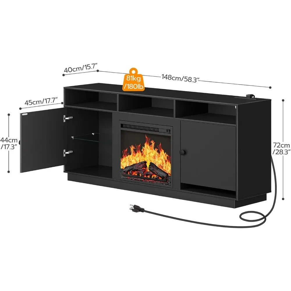 Electric Fireplace TV Stand with Charging Station and LED Lights, Black TV Stand with Fireplace for 32" 43" 50" 55" 65", Entert