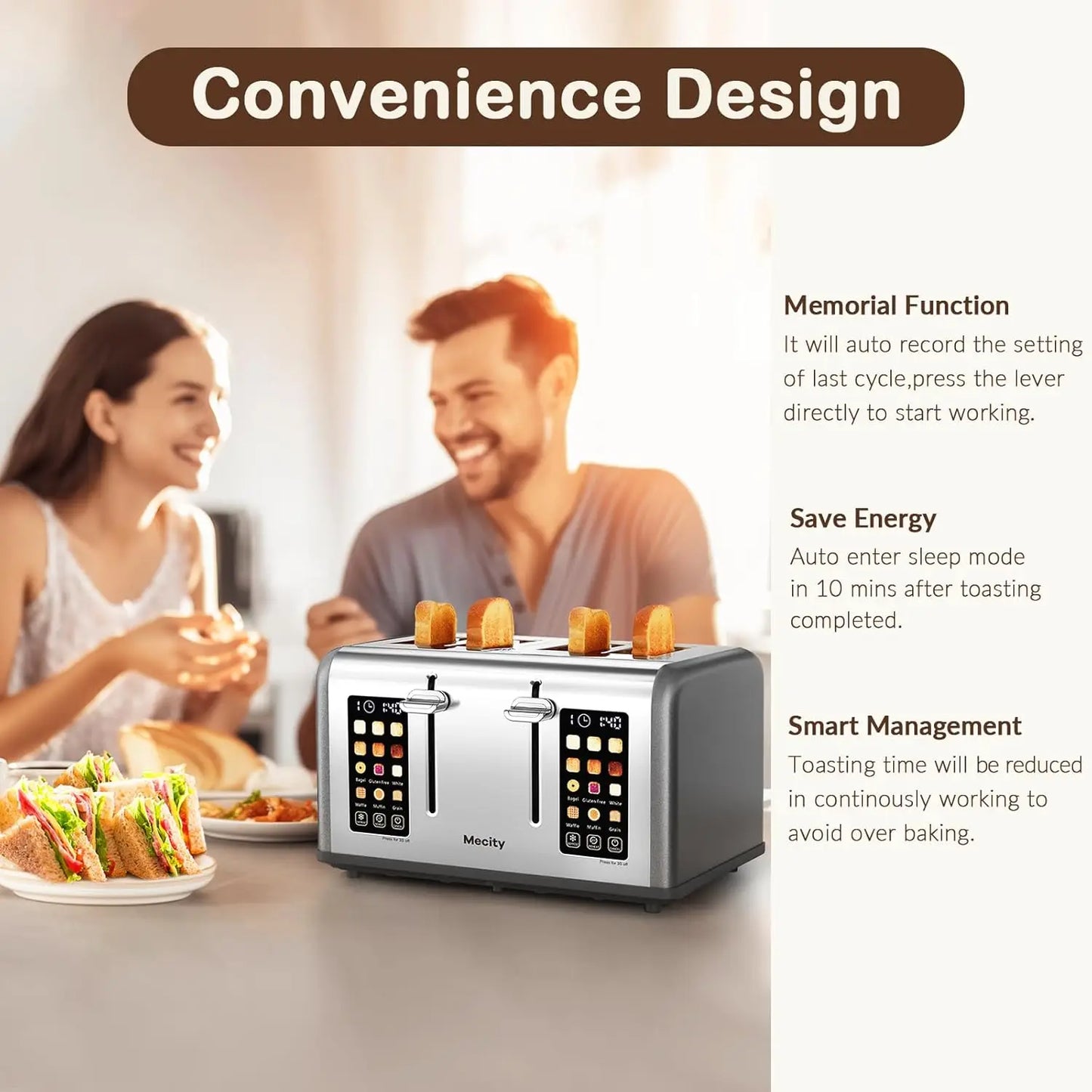 Smart Stainless Steel 4-Slice Toaster Digital Control Panel Bagels Muffins Waffles Bread Making Kitchen Appliance