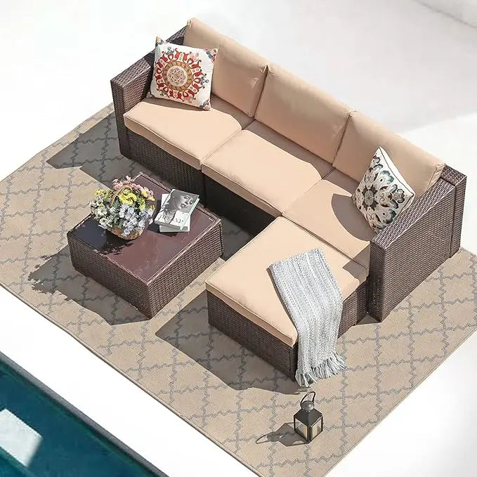 5 Piece Outdoor Patio Furniture Set, Sectional Conversation All-Weather Cushions, Backyard Porch Garden Poolside Balcony Set