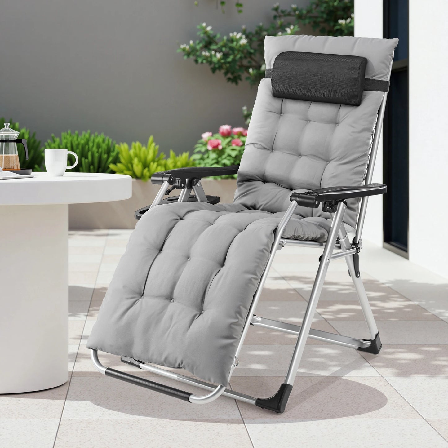 JHK Zero Gravity Recliner Camping Patio Lounge Chair Folding Portable with Cup Holder Trays Removable Cushion For Outdoor Garden