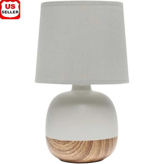 Petite Mid Century Table Lamp Wood Print Base Gray Fabric Shade E12 Bulb Compatible 5ft Plug Cord Home Decor Lighting