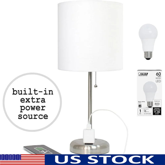 Brushed Steel Table Desk Lamp with Charging Outlet Drum Fabric Shade Ideal Living Room Bedroom Office Dorm 60W LED Bulb Included