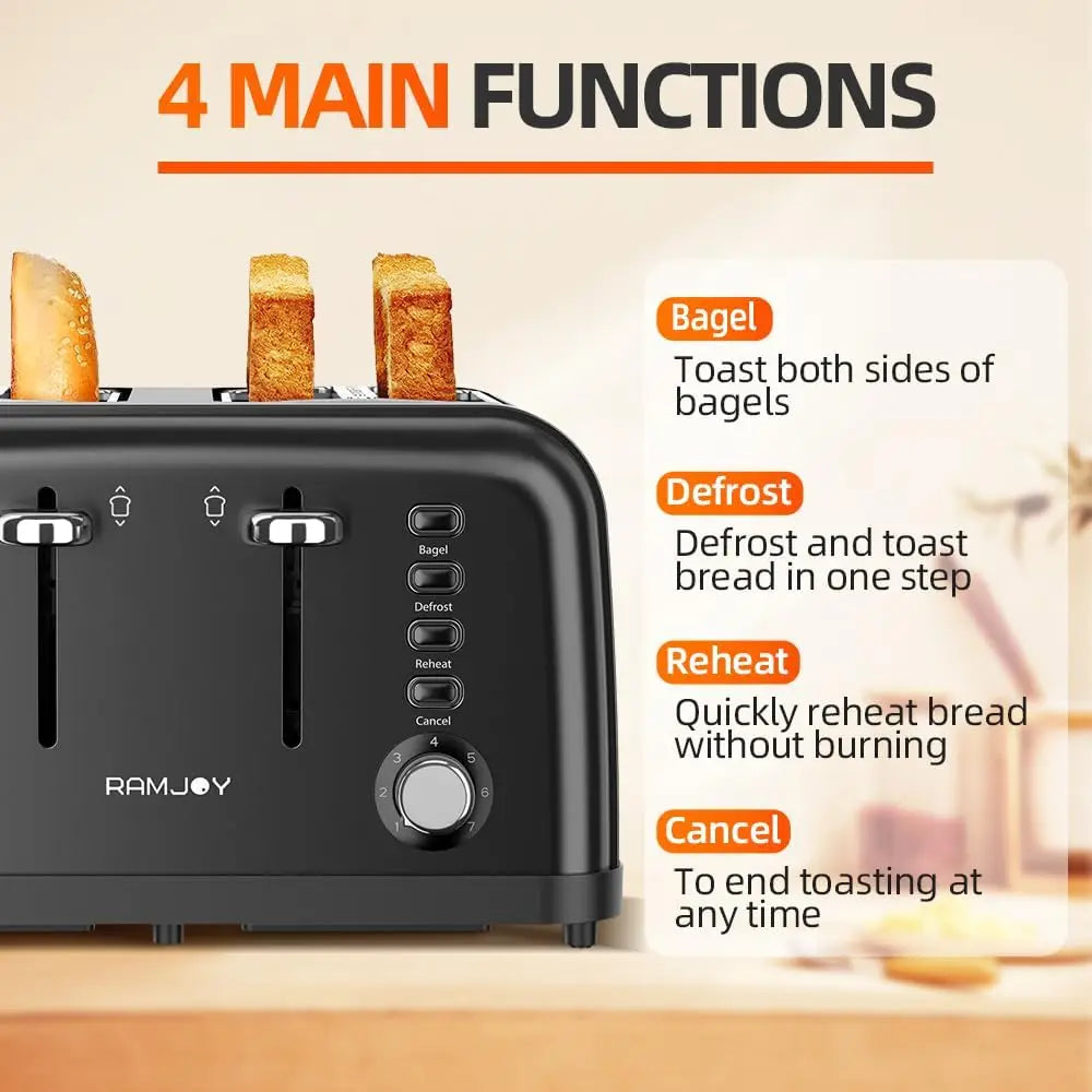 Black 4-Slice Toaster Extra Wide Slot Bagel Bread Waffles 7 Shade Settings Dual Independent Controls Kitchen Cooking Appliance