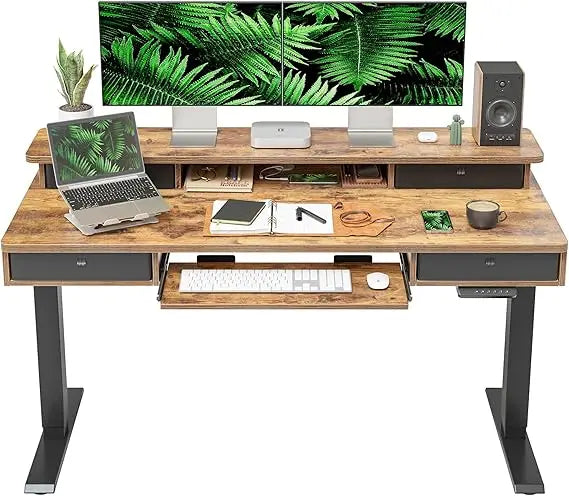 Height Adjustable Electric Standing Desk with 4 Drawers and Keyboard Tray, 55 x 24 Inch Table with Storage Shelf, Sit Stand Des