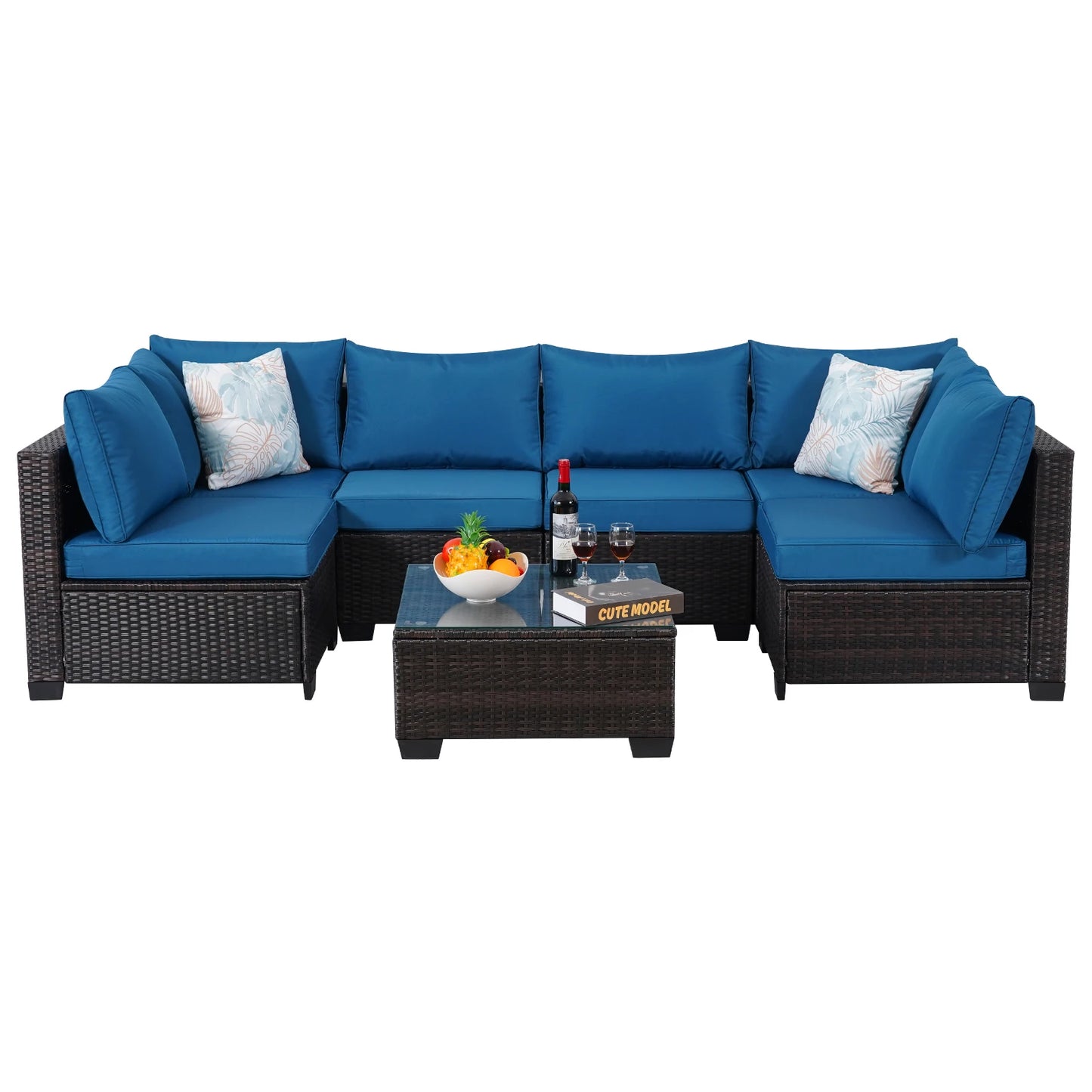 NAGA BAHNA Outdoor Patio Furniture, 7 Piece Outdoor Sectional Sofa PE Rattan Wicker Patio Conversation Sets with Thick Cushions