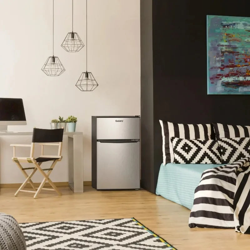 Galanz 3.1 Cu ft Two Door Mini Fridge with Freezer, Stainless, Estar, New