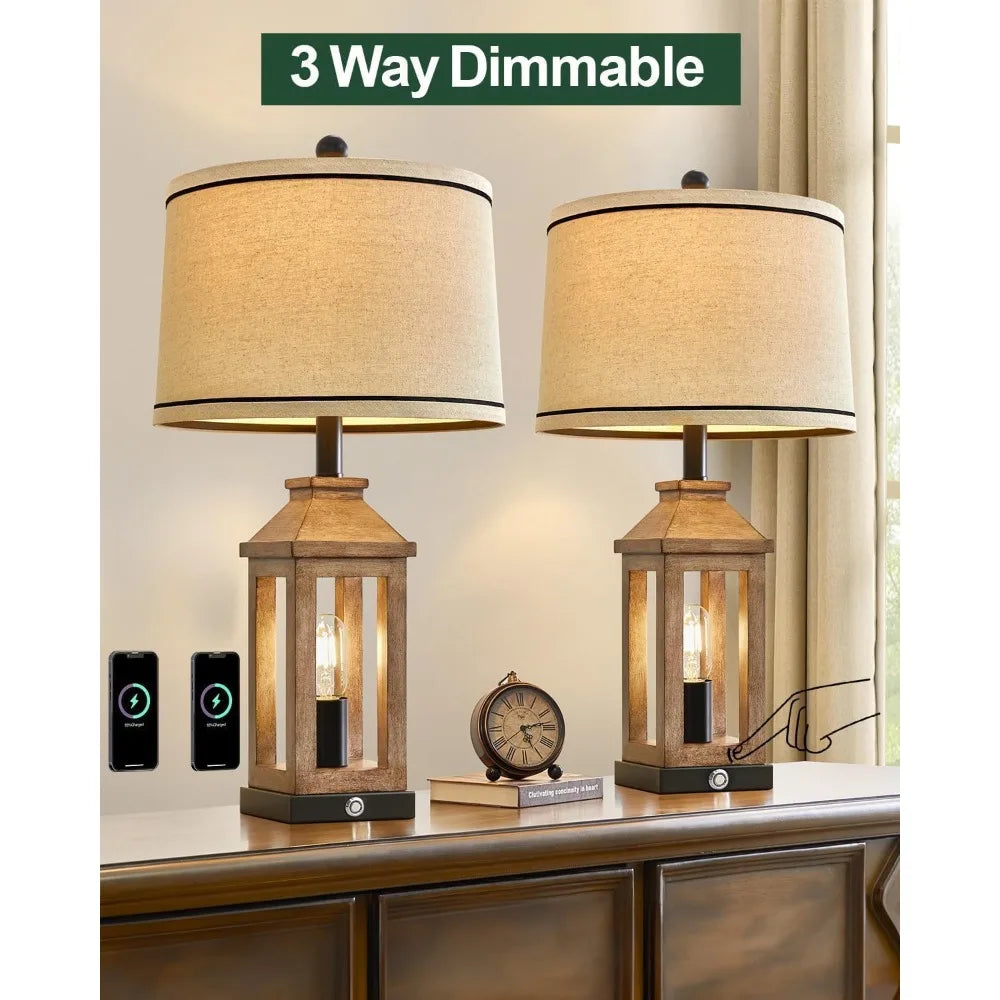 23.75" Farmhouse Dual USB Charging Ports 3-Way Dimmable Touch Control Table Lamp with Nightlight Vintage Modern Lamps for Living