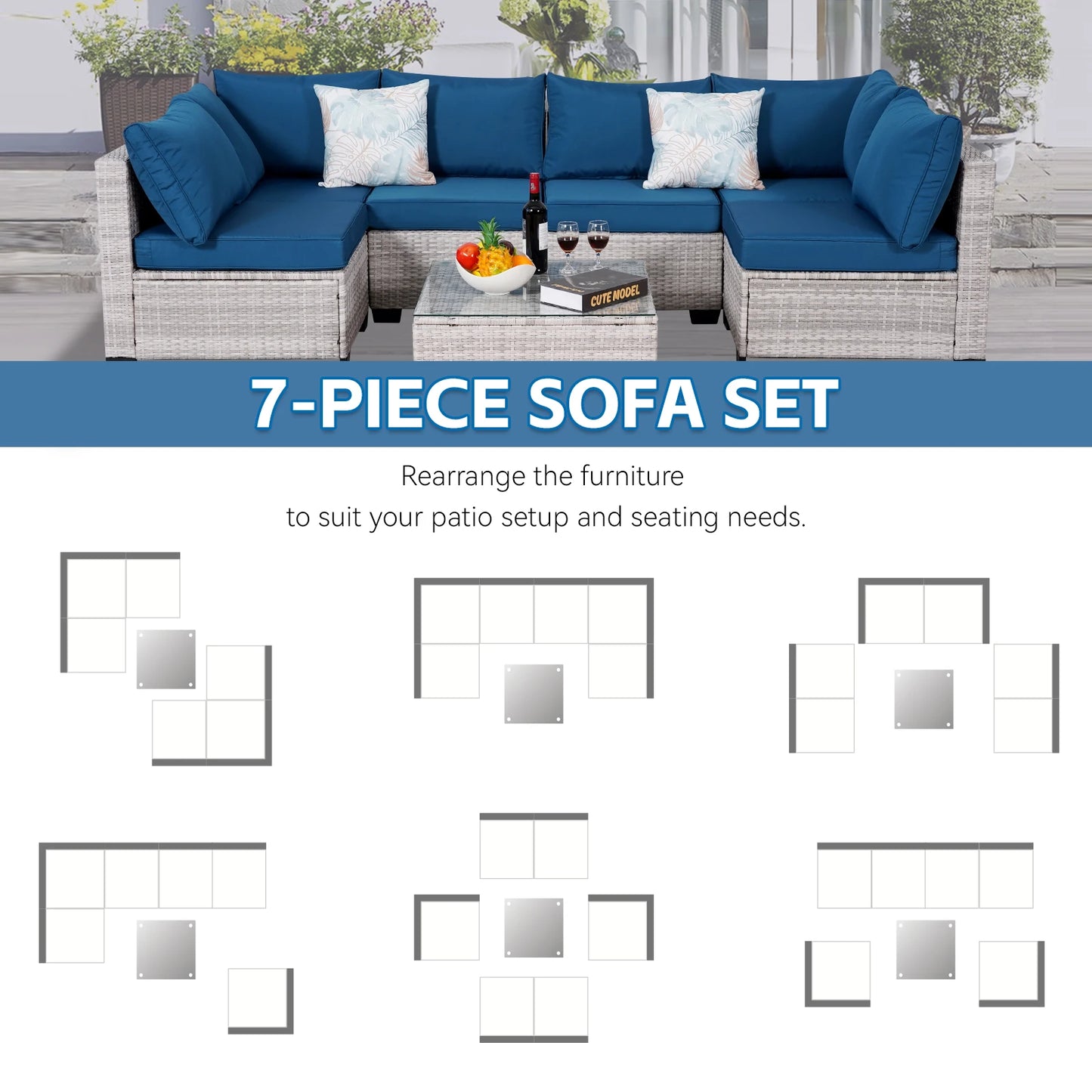 NAGA BAHNA Outdoor Patio Furniture, 7 Piece Outdoor Sectional Sofa PE Rattan Wicker Patio Conversation Sets with Thick Cushions