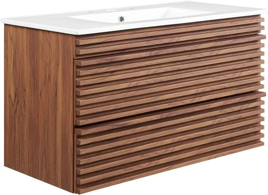 Render 36" Wall-Mount Bathroom Vanity in Walnut White