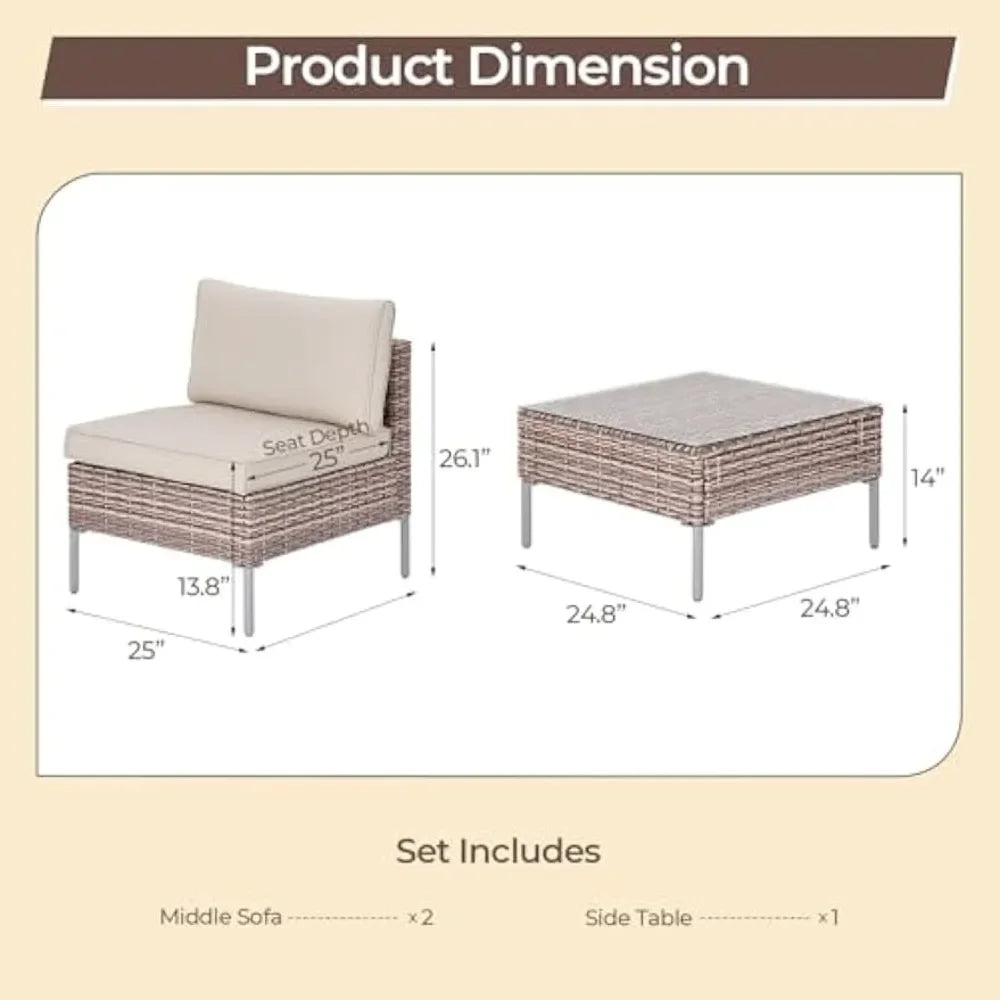 3 Piece Outdoor Patio Furniture Set, Wicker PE Rattan Sectional Sofa with Thick Water-Resistant Cushions & Coffee Table