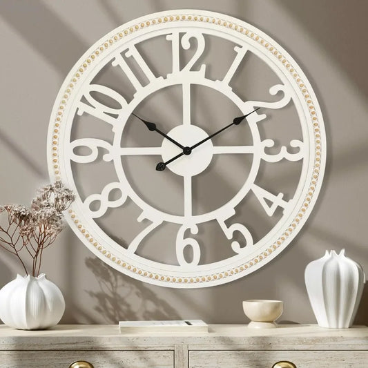 Farmhouse Wall Clock 30 Inch, Large Wall Clock with Boho Beads, Wooden Silent Wall Clocks Battery Operated Easy Read,