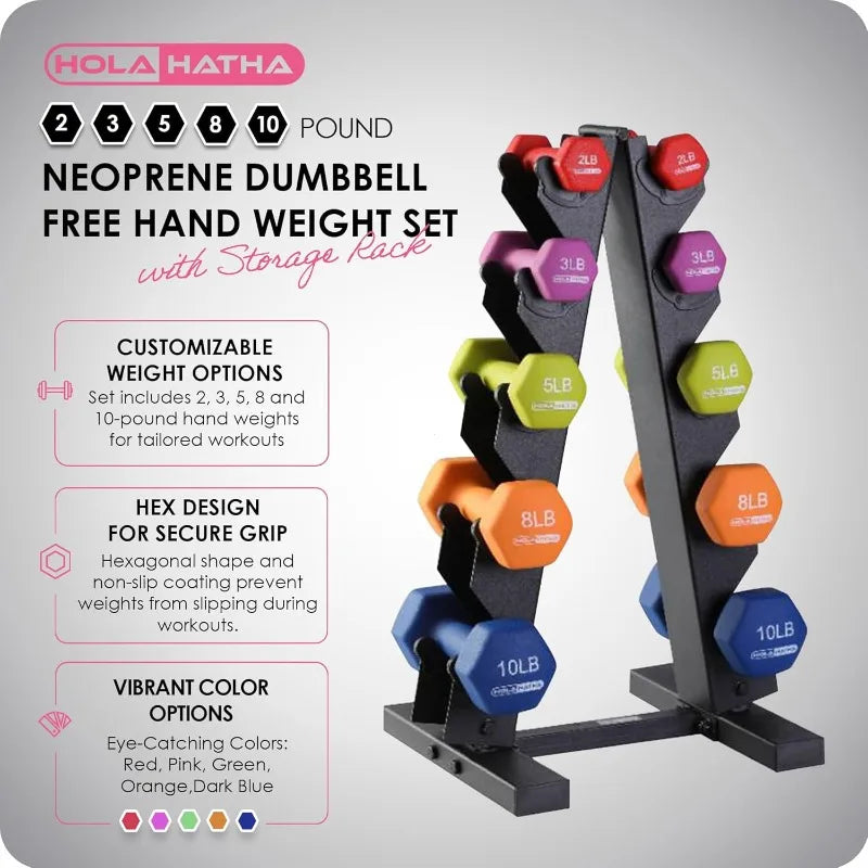 HolaHatha Neoprene Dumbbell Free Hand Weight Set with Rack,Ideal for Home Exercises to Gain Tone and Definition 56 LB Multicolor