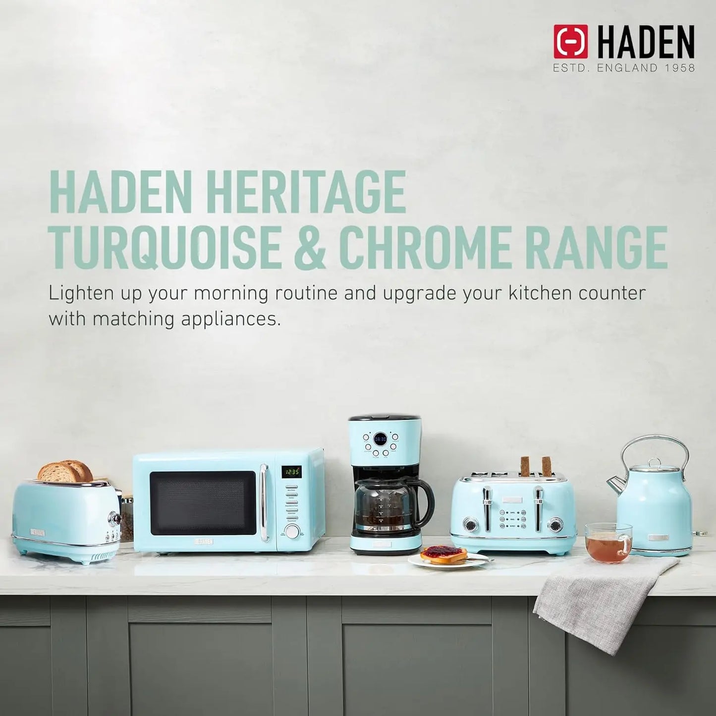 Heritage 4 Slice Wide Slot Stainless Steel Toaster Electric Water Kettle Turquoise And Chrome 1.7 Liter Kitchen Bundle
