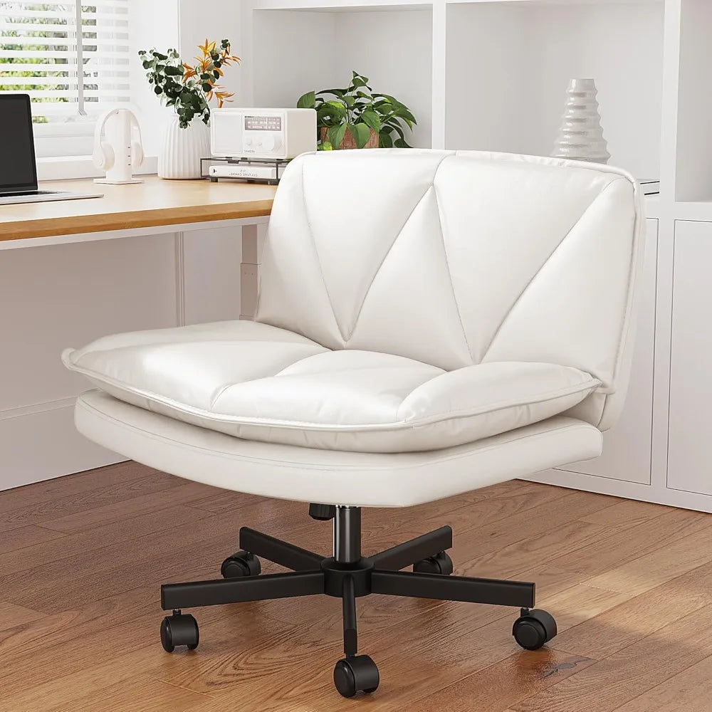 Armless 27" Wide Criss Cross Chair with Wheels,Leather Cross Legged Vanity Chairs with 2-Layer Cushion,Swivel Modern Home Office