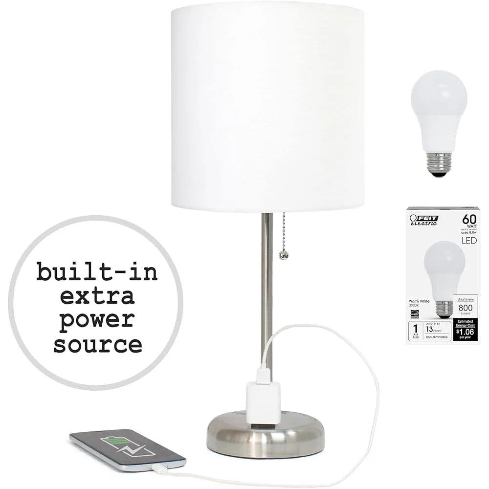 Brushed Steel Table Desk Lamp with Charging Outlet Drum Fabric Shade Ideal Living Room Bedroom Office Dorm 60W LED Bulb Included