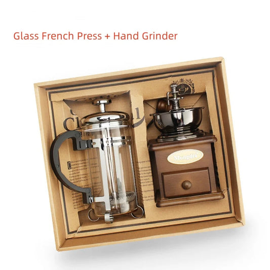 Retro Bean Grinding Machine French Press Set Hand-cranked Coffee Grinder Household Coffee Pot Gift Box