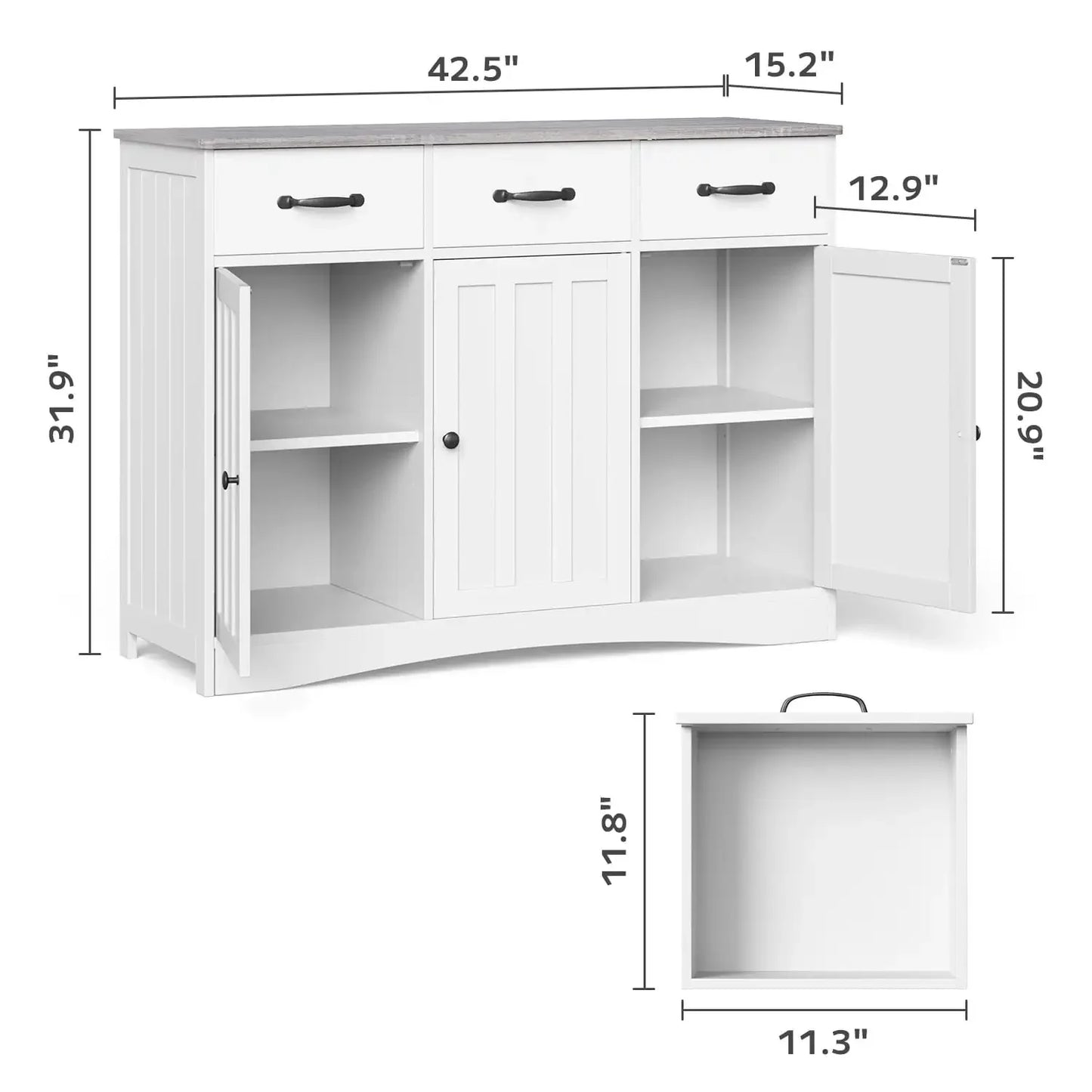 42" Kitchen Storage Cabinet, Wood Buffet Sideboard with 3 Doors & 3 Drawers, Gray Countertop