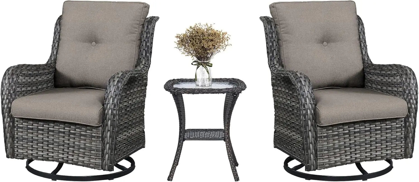 Outdoor Swivel Rocker Wicker Chairs Set of 3, High Back Swivel Patio Chairs Wicker Furniture Set, 2 PCS Rattan Swivel Rocking Ch