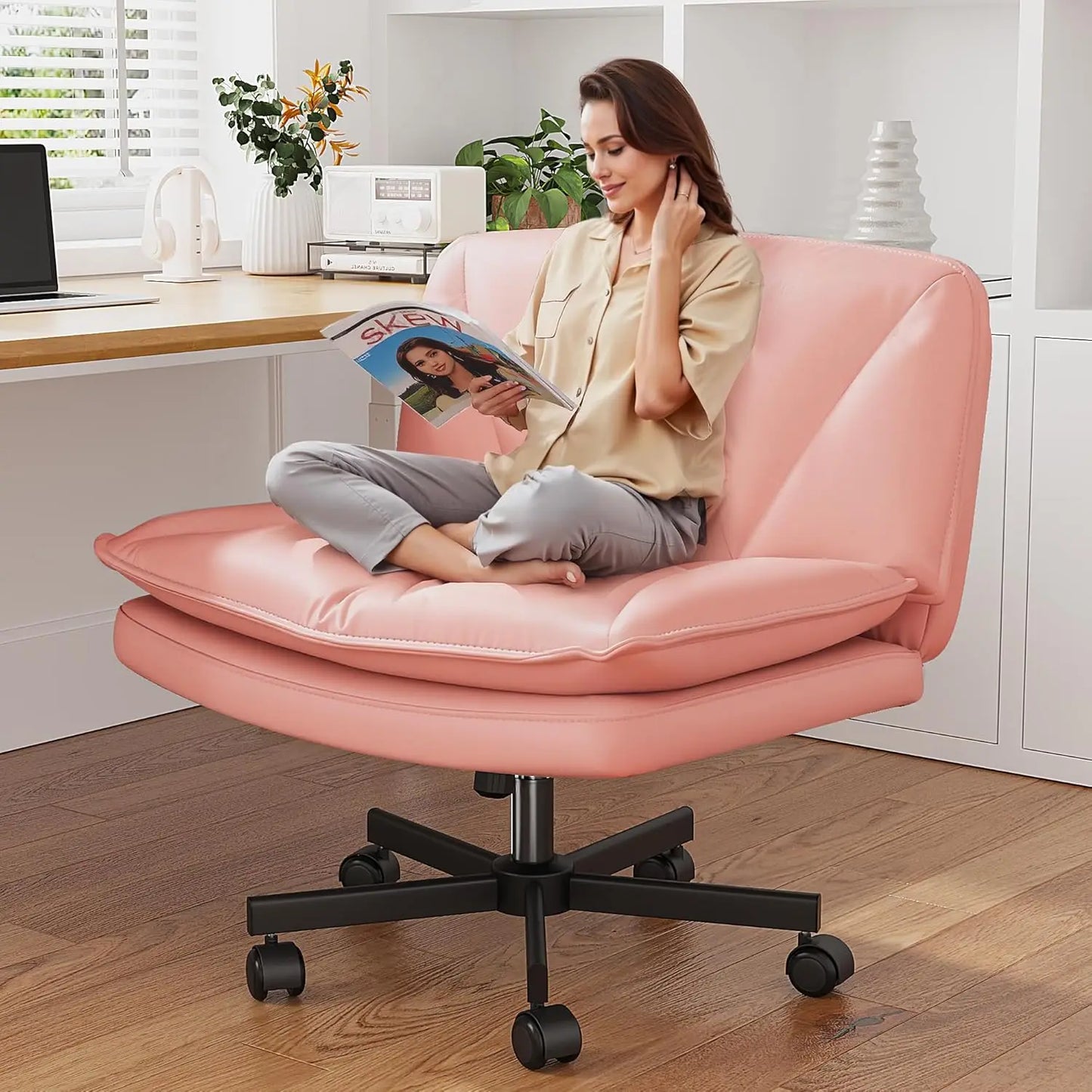 Armless 27" Wide Criss Cross Chair with Wheels,Leather Cross Legged Vanity Chairs with 2-Layer Cushion,Swivel Modern Home Office