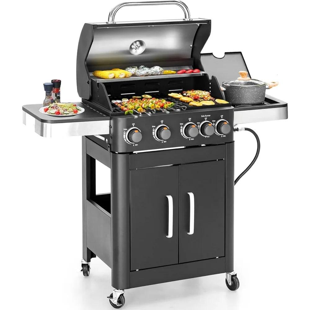 2 in 1 Propane Gas BBQ Grill with Side Burner & Porcelain-Enameled Cast Iron Grate, 4-Burner Flat Top Grill, 46,700 BTU