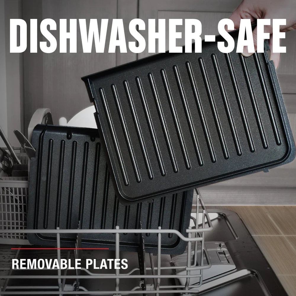 4 Serving Non Stick Grill Panini Maker Removable Dishwasher Safe Plates Easy Clean Durable Plastic Housing Embedded Heating