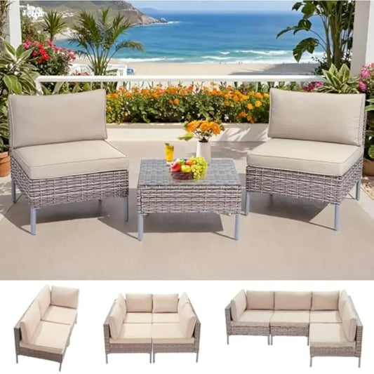 3 Piece Outdoor Patio Furniture Set, Wicker PE Rattan Sectional Sofa with Thick Water-Resistant Cushions & Coffee Table