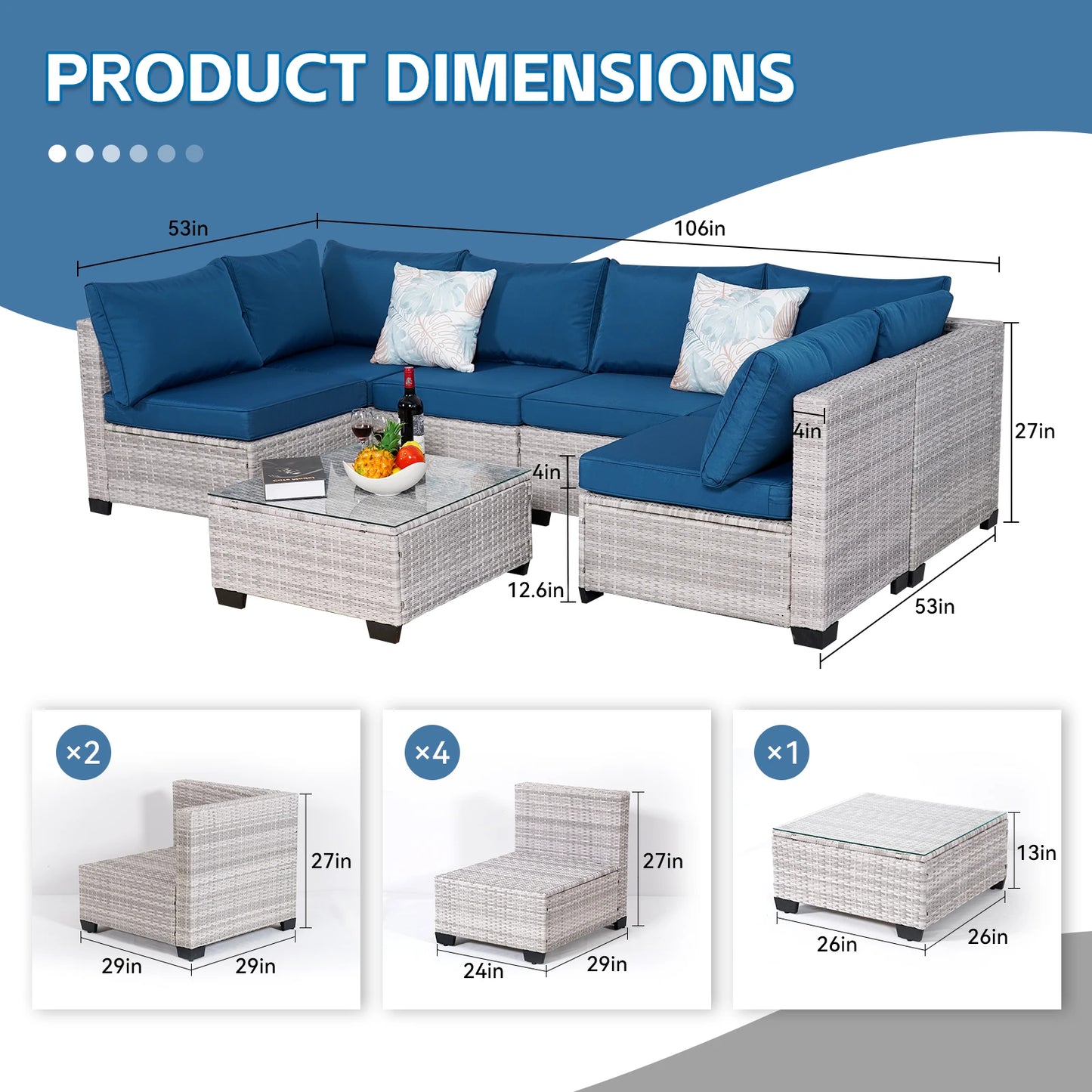 NAGA BAHNA Outdoor Patio Furniture, 7 Piece Outdoor Sectional Sofa PE Rattan Wicker Patio Conversation Sets with Thick Cushions