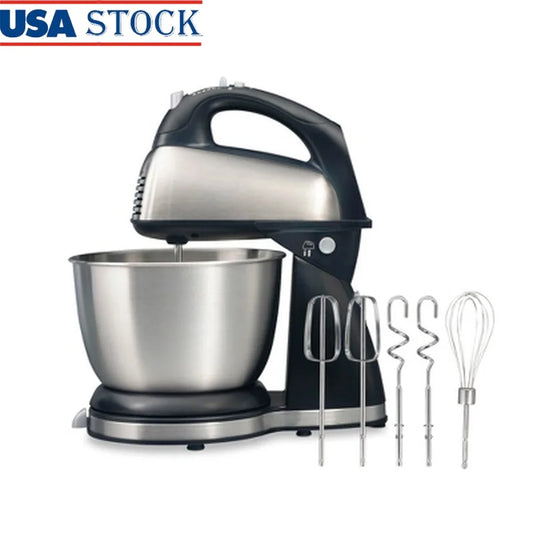 6-Speed Hand Mixer Stand Mixer 290W Dishwasher Safe 4QT Stainless Steel Bowl 5 Attachments Shift Stir Lever Kitchen Appliance