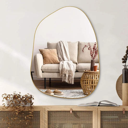 Irregular Wall Mirror Asymmetrical Mirror, 32''x24'' Golden Wood Framed Mirror for Bathroom Bedroom Living  (Gold, 32''x24'')