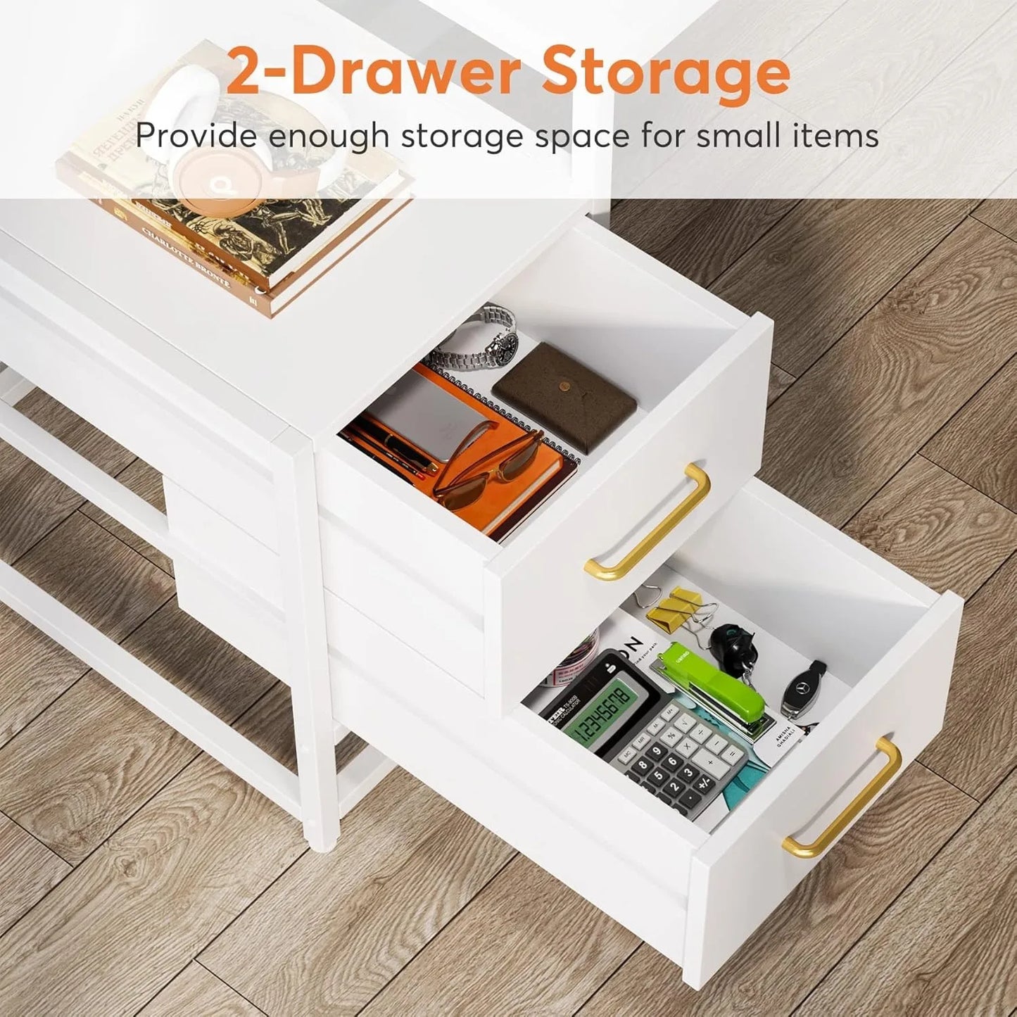 55 Inch Computer Desk with 2 Drawers and Storage Shelves, Modern Study Writing Gaming Table Laptop Workstation for Home Office