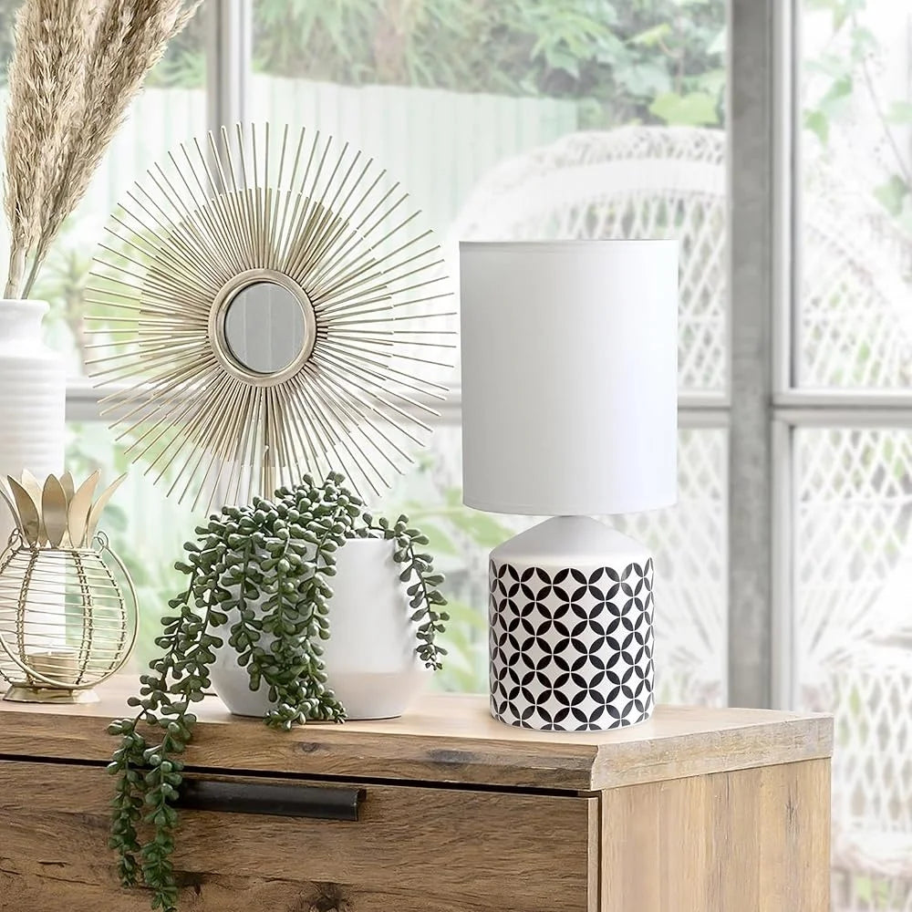 Printed Jug Table Lamp with White Drum Shade Rustic Elegance Living Room Bedroom Office Versatile Home Decor Easy On Off Switch