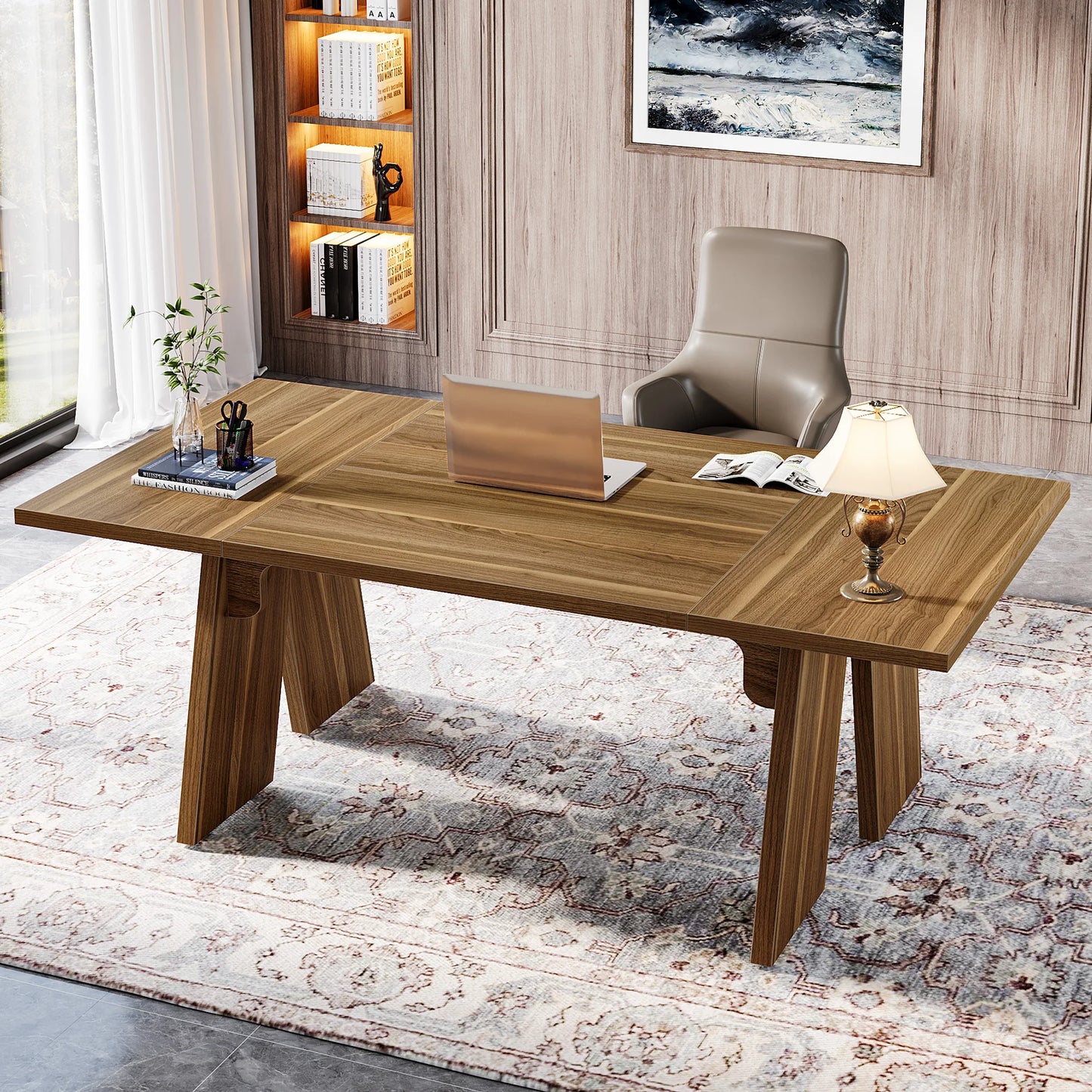 Tribesigns 70.9" Executive Desk, Large Office Computer Desk with Thicken Frame, Solid Wood Farmhouse Office Desk