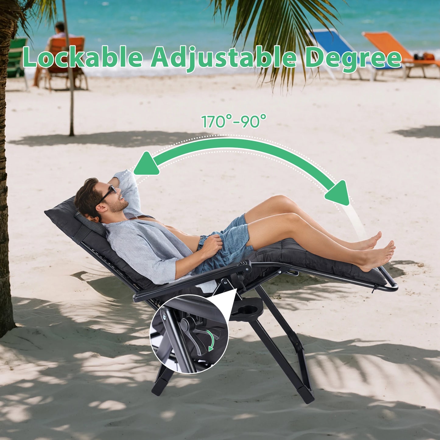 JHK Zero Gravity Recliner Camping Patio Lounge Chair Folding Portable with Cup Holder Trays Removable Cushion For Outdoor Garden